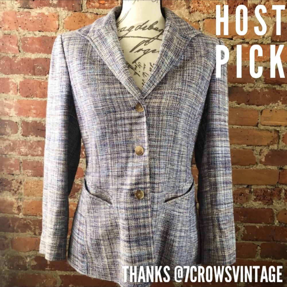 Ellen Tracy 100% Silk Tweed Plaid Lined Button Up Blazer Jacket Size 6